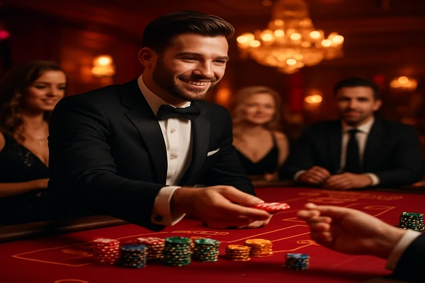 আলোকিত গেমিং পরিবেশে এক আত্মবিশ্বাসী ডিলার ব্যবহারকারীদের kg99999 অ্যাকাউন্টে নিরাপদ প্রবেশের আহ্বান জানাচ্ছেন।